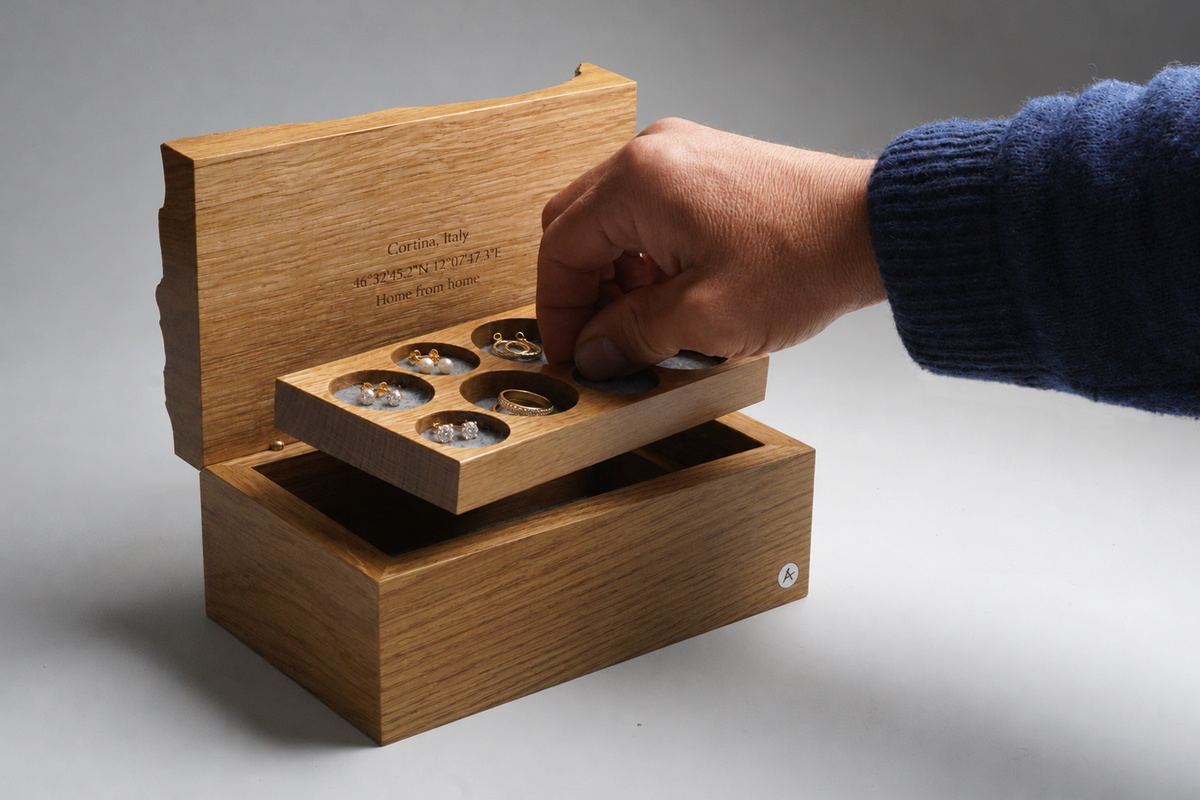Handcrafted oak box with an engraved message area and natural wood finish.